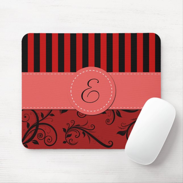 Red Damask, Red Stripes, Striped, Monogram Mouse Pad (With Mouse)