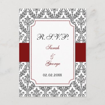 red damask  rsvp invitation postcard