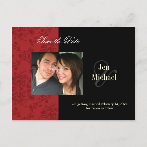 Red Damask Save the Date Photo postcards Announcement Postcard
