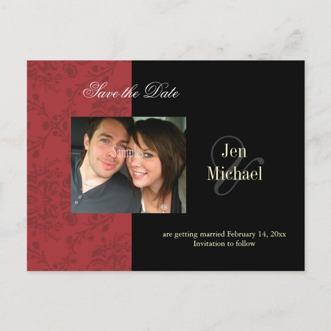 Red Damask Save the Date Photo postcards, Announcement Postcard (Front)