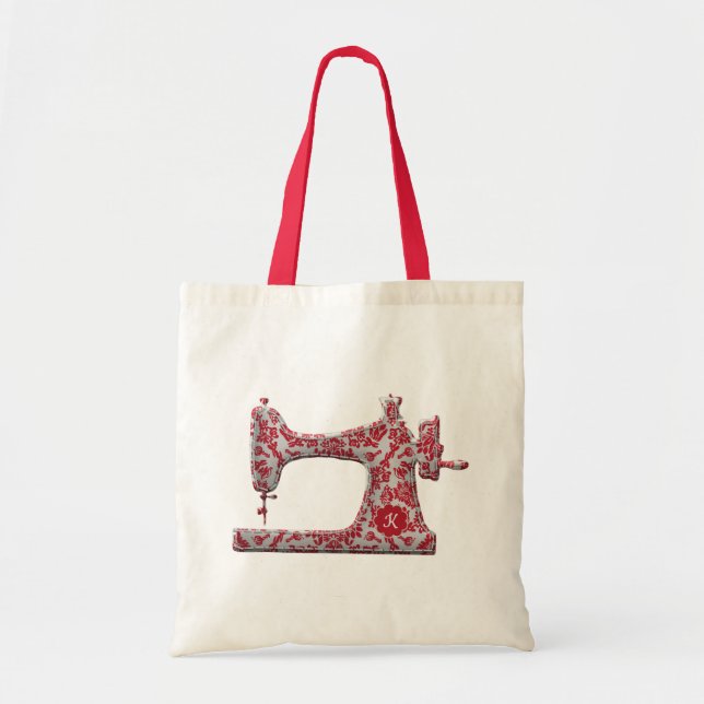 Red Damask Sewing Machine Monogram Tote Bag (Front)