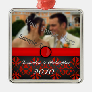 Red Damask Silver Couples Photo Christmas Ornament