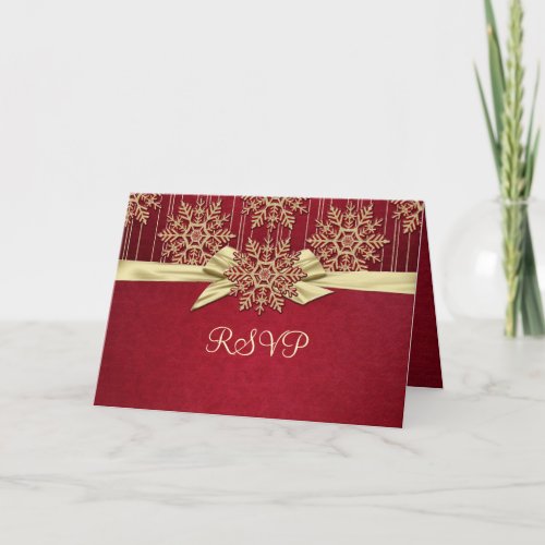 Red Damask Snowflakes Gold Ribbon RSVP card