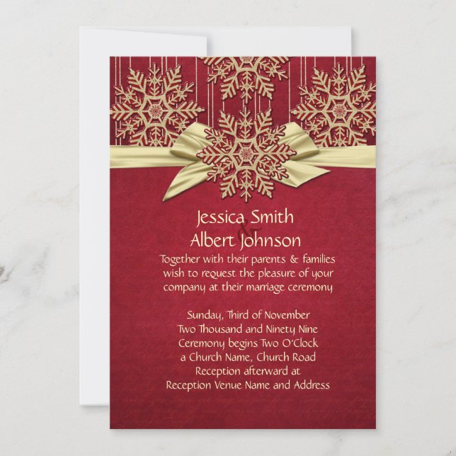 Red Damask Snowflakes Gold Ribbon Wedding Invite (Front)