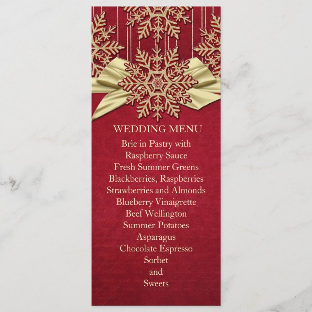 Red Damask Snowflakes Gold Ribbon Wedding Menu (Front)