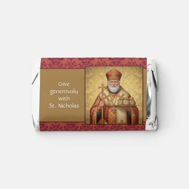 Red Damask St. Nicholas Bishop Three Bags of Gold Hershey's Miniatures (Front)