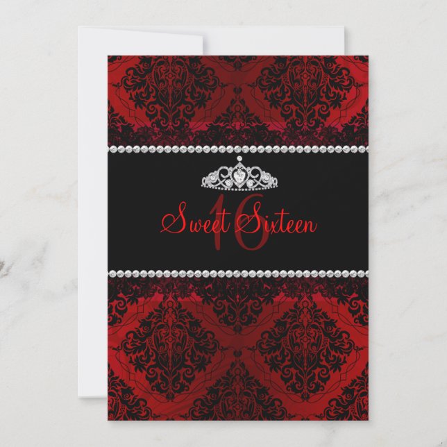 Red Damask & Tiara Sweet Sixteen Invite (Front)