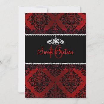 Red Damask & Tiara Sweet Sixteen Invite by ExclusiveZazzle at Zazzle