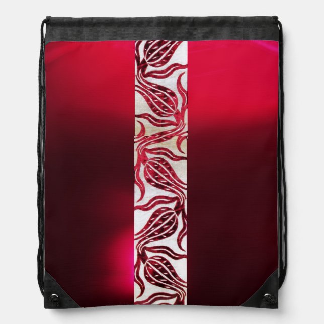 RED DAMASK VELVET TULIPS Black,White ,Burgundy  Drawstring Bag (Front)