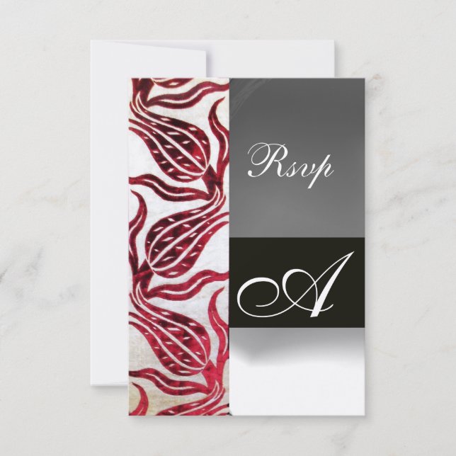 RED DAMASK VELVET TULIPS MONOGRAM Burgundy Gold RSVP Card (Front)
