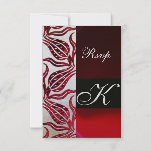 RED DAMASK VELVET TULIPS MONOGRAM Burgundy Silver RSVP Card