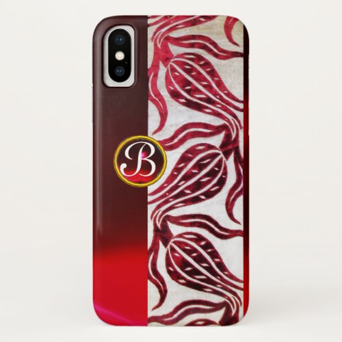 RED DAMASK VELVET TULIPS MONOGRAM Burgundy White iPhone X Case