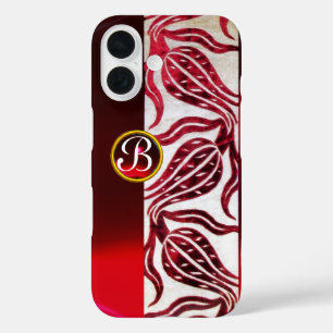 RED DAMASK VELVET TULIPS MONOGRAM Burgundy White iPhone 16 Case