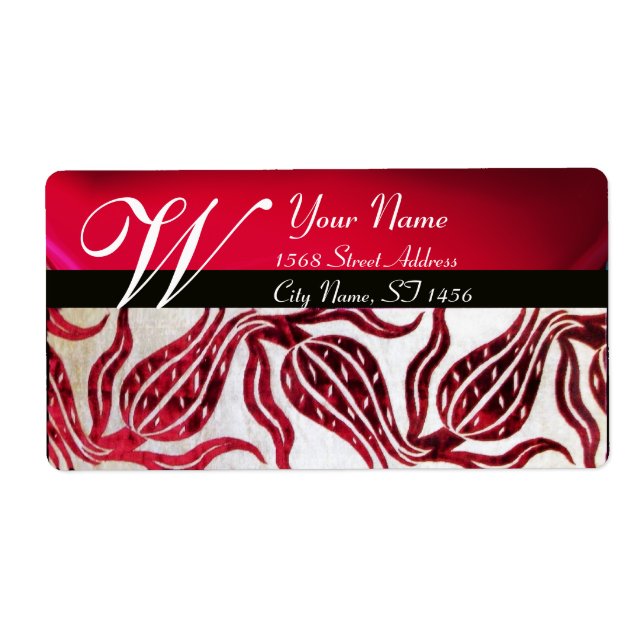 RED DAMASK VELVET TULIPS MONOGRAM Burgundy White Label (Front)