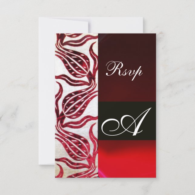 RED DAMASK VELVET TULIPS MONOGRAM Burgundy White RSVP Card (Front)