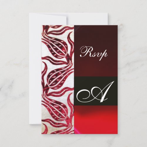 RED DAMASK VELVET TULIPS MONOGRAM Burgundy White RSVP Card