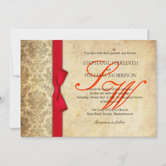 Red Damask Vintage Bow Wedding Invitation (Front)