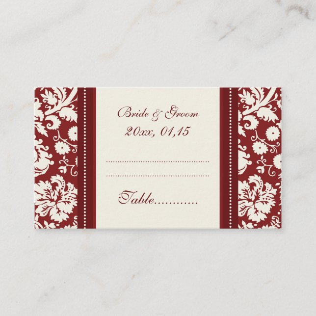 Red Damask Wedding Table Place Setting Cards (Front)