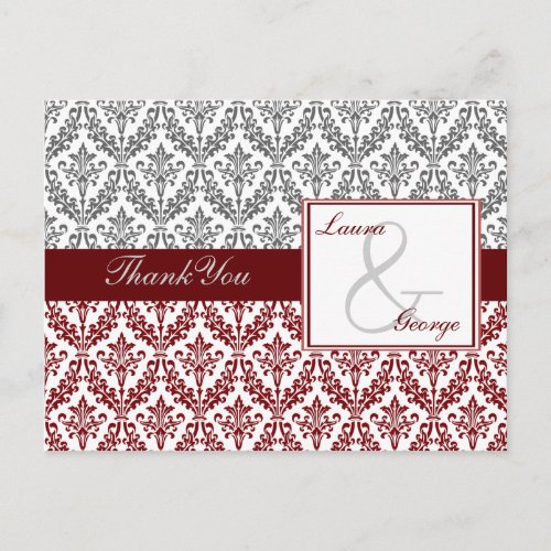 red damask wedding Thank You Postcard