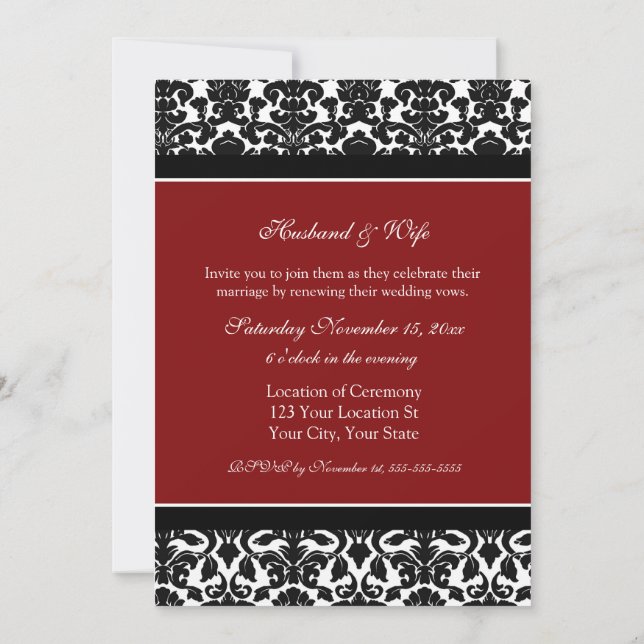 Red Damask Wedding Vow Renewal Invitations (Back)