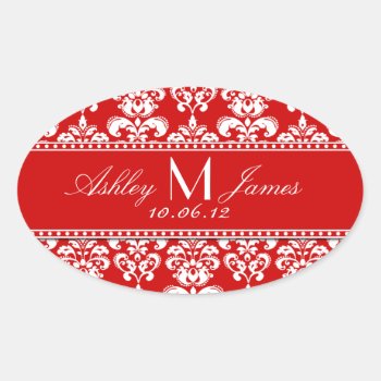 Red Damask Wedding Wine Label Oval by DamaskGallery at Zazzle