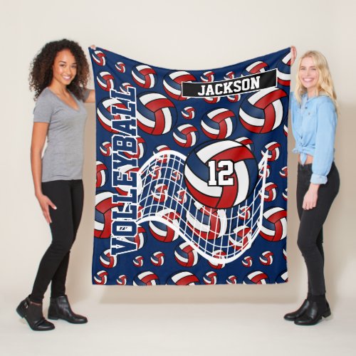 Red Dark Blue and White Volleyball Pattern Fleece Blanket