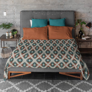 Red Dark Brown Teal Blue Gray Tribal Art Pattern Duvet Cover