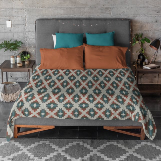 Red Dark Brown Teal Blue Gray Tribal Art Pattern Duvet Cover (Creator Uploaded)