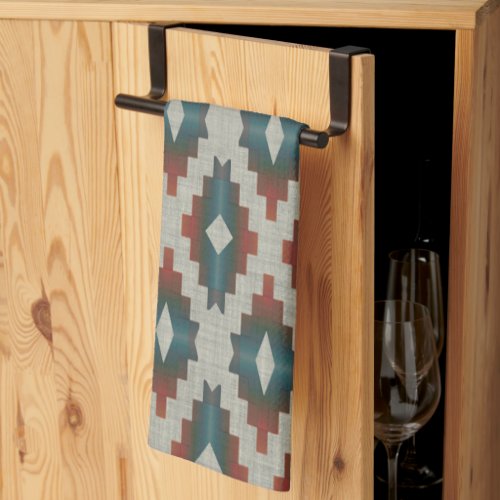 Red Dark Brown Teal Blue Gray Tribal Art Pattern Kitchen Towel