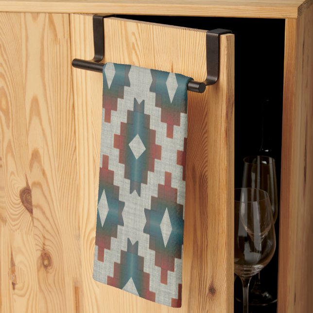 Red Dark Brown Teal Blue Gray Tribal Art Pattern Kitchen Towel (Thirds Fold)