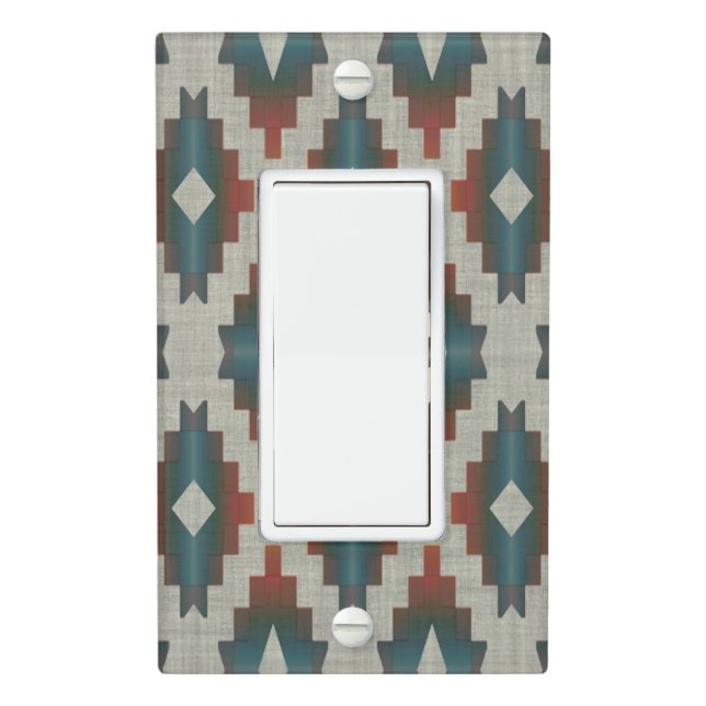 Red Dark Brown Teal Blue Gray Tribal Art Pattern Light Switch Cover (In Situ)