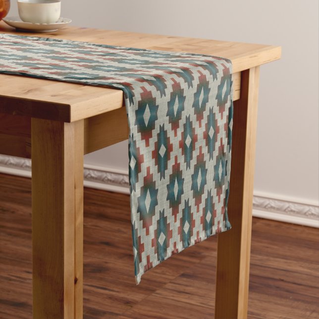 Red Dark Brown Teal Blue Gray Tribal Art Pattern Medium Table Runner (In Situ)