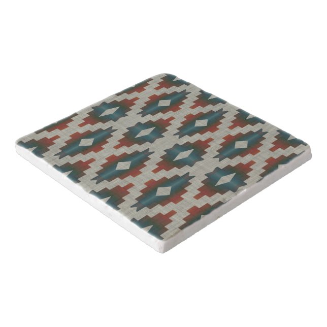 Red Dark Brown Teal Blue Gray Tribal Art Pattern Trivet (Corner)