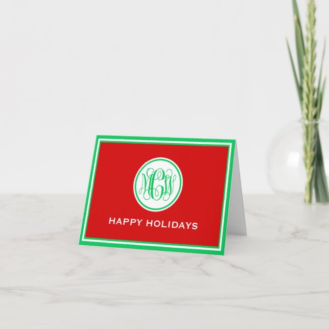 Red Dark Green Framed Preppy Vine Monogram Xmas Holiday Card (Front)