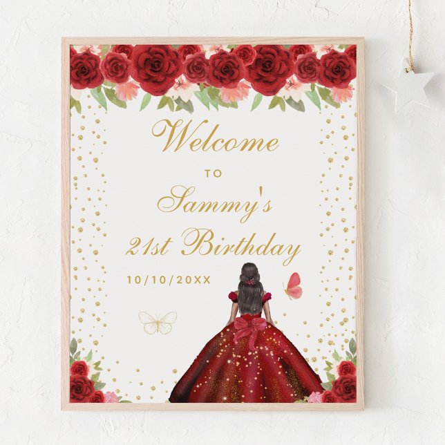 Red Dark Skin Girl Birthday Party Welcome Poster (Creator Uploaded)