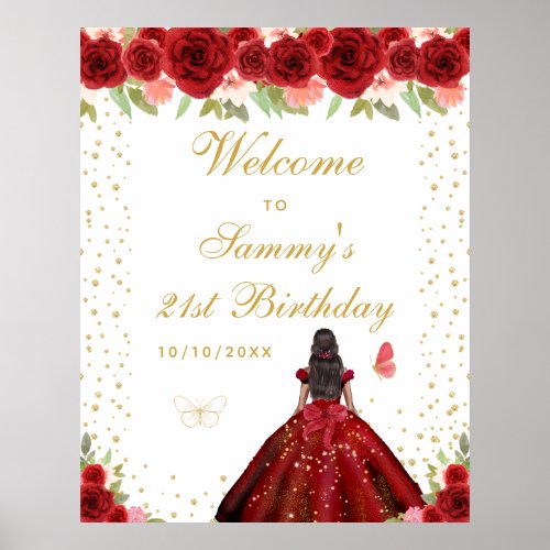 Red Dark Skin Girl Birthday Party Welcome Poster
