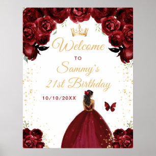 Red Dark Skin Princess Birthday Welcome Poster