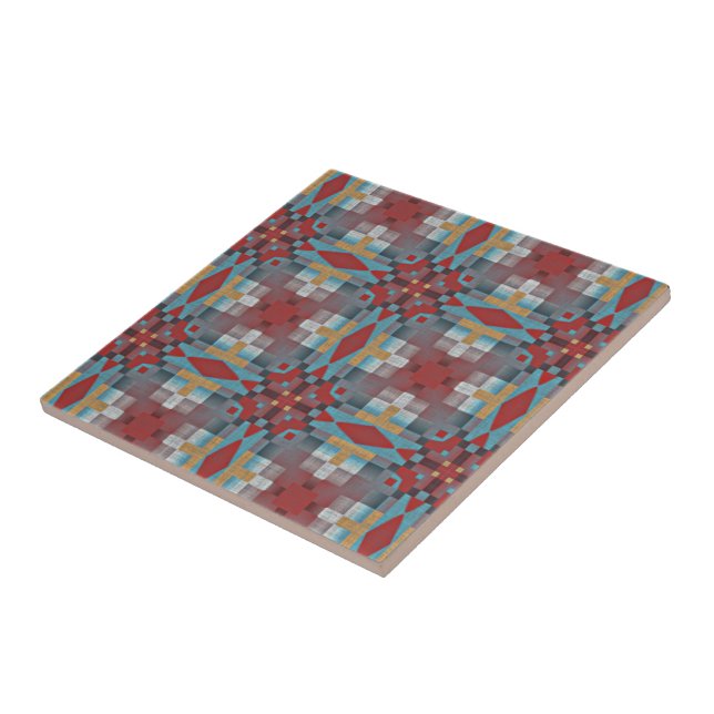 Red Dark Teal Blue Mustard Yellow Ethnic Tribe Art Ceramic Tile (Side)