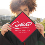 Red | Dashed Grad Graduation Cap Topper<br><div class="desc">Personalized graduation cap topper featuring "Grad" in white hand-lettering with a dashed underline with a red background or color of your choice. Personalize the custom graduation cap topper by adding the graduate's name and graduation year.</div>