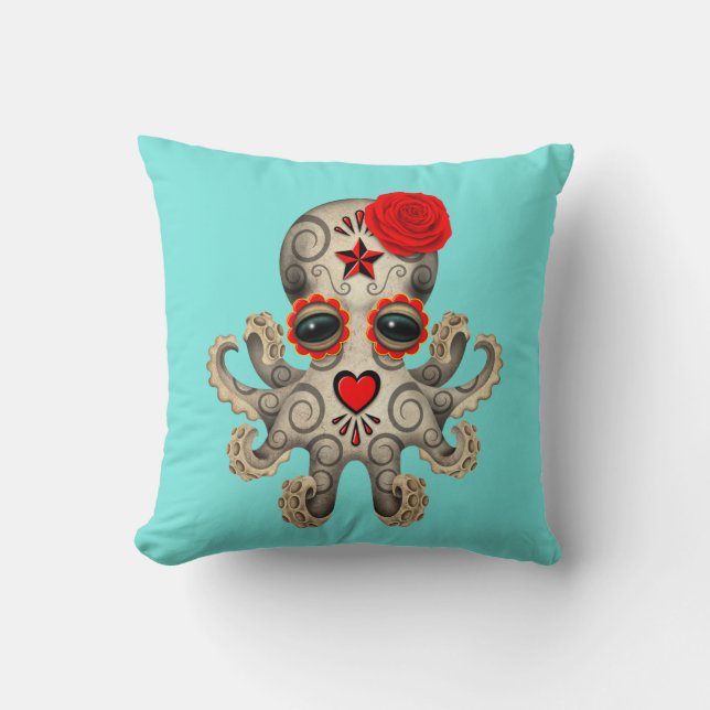 Red Day of the Dead Baby Octopus Throw Pillow (Front)