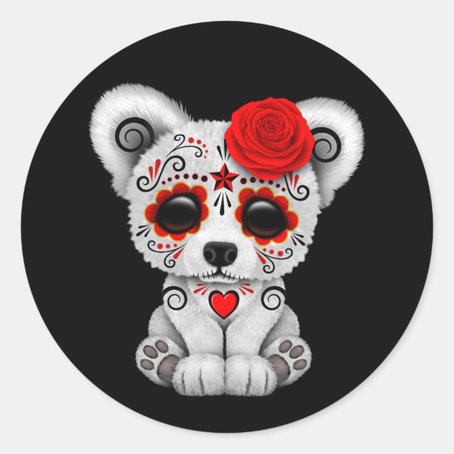Red Day of the Dead Sugar Skull Bear Black Classic Round Sticker (Front)