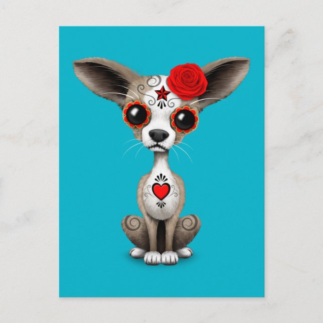 Red Day of the Dead Sugar Skull Chihuahua Puppy Postcard (Front)