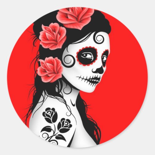 Red Day of the Dead Sugar Skull Girl Classic Round Sticker