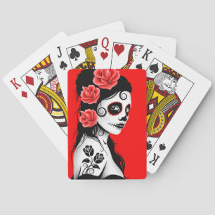 Red Day of the Dead Sugar Skull Girl Poker Cards