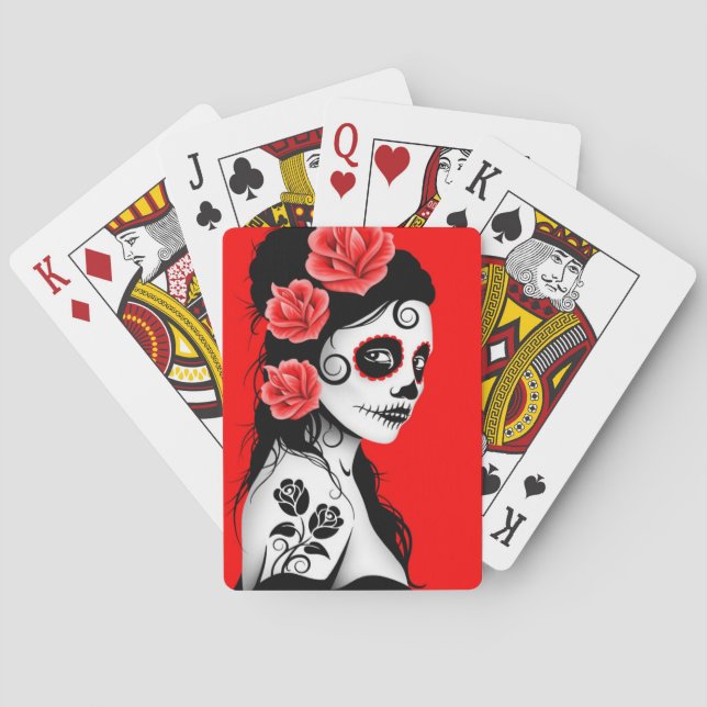 Red Day of the Dead Sugar Skull Girl Poker Cards (Back)