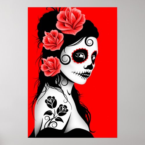 Red Day of the Dead Sugar Skull Girl Poster