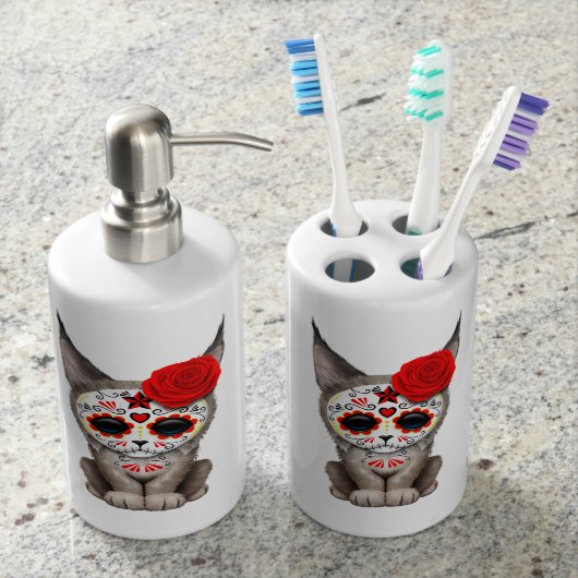 Red Day of the Dead Sugar Skull Lynx Cub Bath Set (Front)