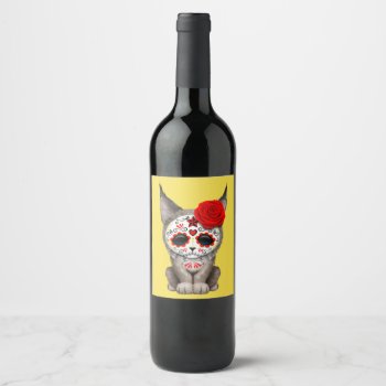 Red Day Of The Dead Sugar Skull Lynx Cub Wine Label by crazycreatures at Zazzle