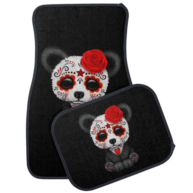 Red Day of the Dead Sugar Skull Panda on Black Car Floor Mat (Set)