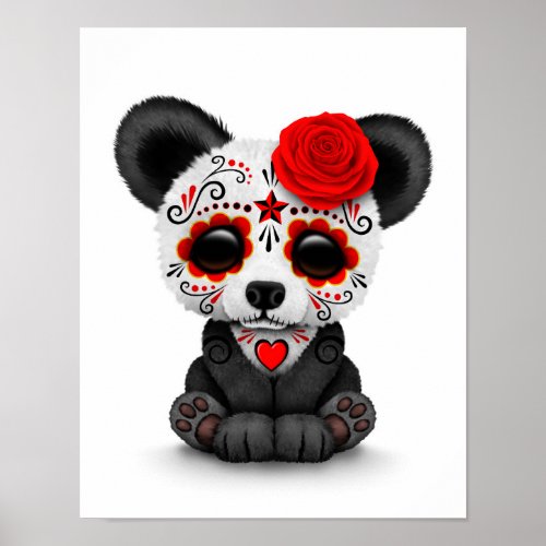 Red Day of the Dead Sugar Skull Panda on White Poster